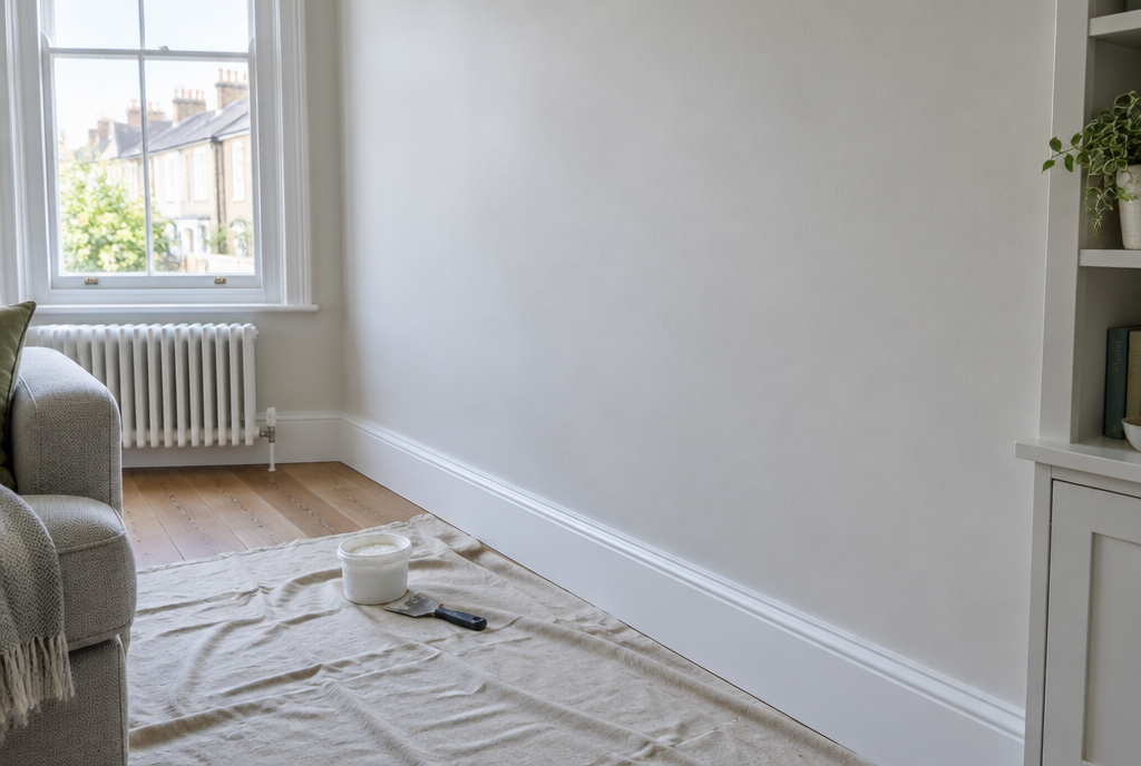 Smoothly repaired and painted plasterboard wall in a UK living room with filler and filling knife on a dust sheet