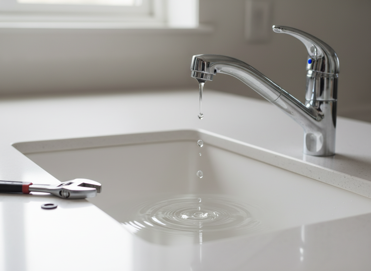 Dripping chrome mixer tap with a spanner and washer on the worktop