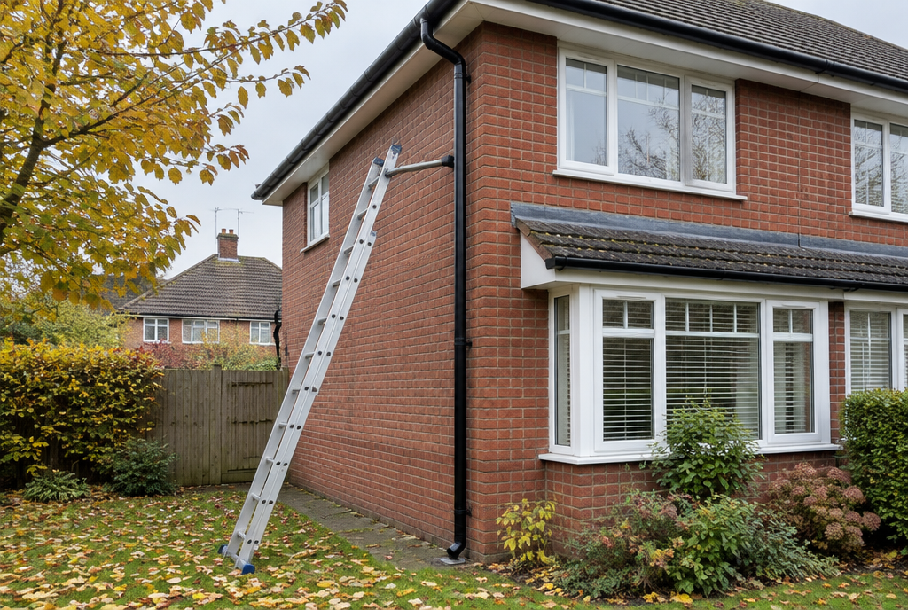 Black plastic gutter and downpipe on a UK brick house in autumn with a ladder and stand-off against the wall