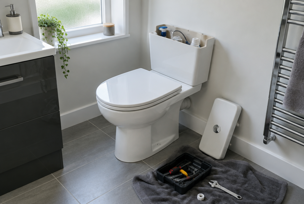White close-coupled toilet in a UK bathroom with the cistern lid removed ready for repair