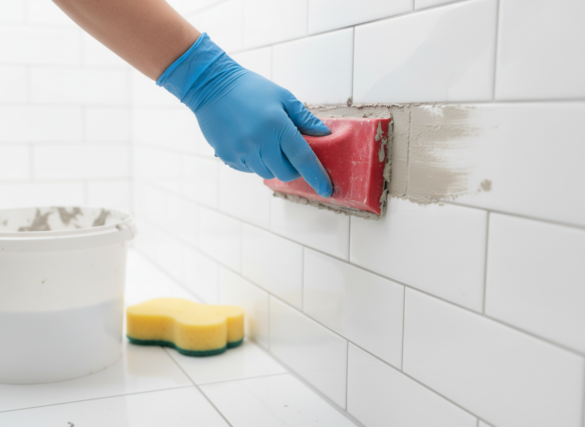 Gloved hand applying fresh grout to white bathroom tiles with a grout float