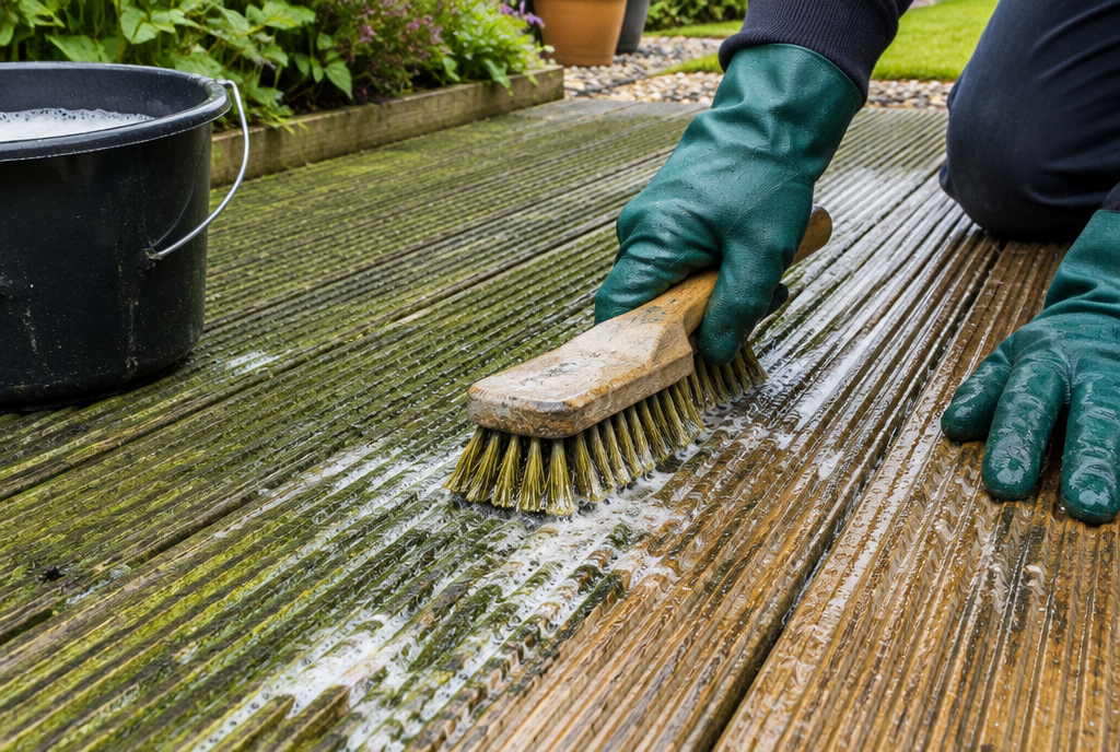 Gloved hands scrubbing green algae off grooved timber decking with a stiff deck brush, working along the grain