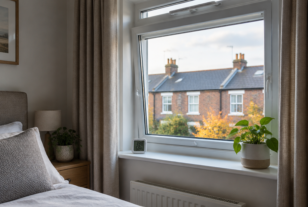 Dry white uPVC double-glazed bedroom window with an open trickle vent and a hygrometer on the sill